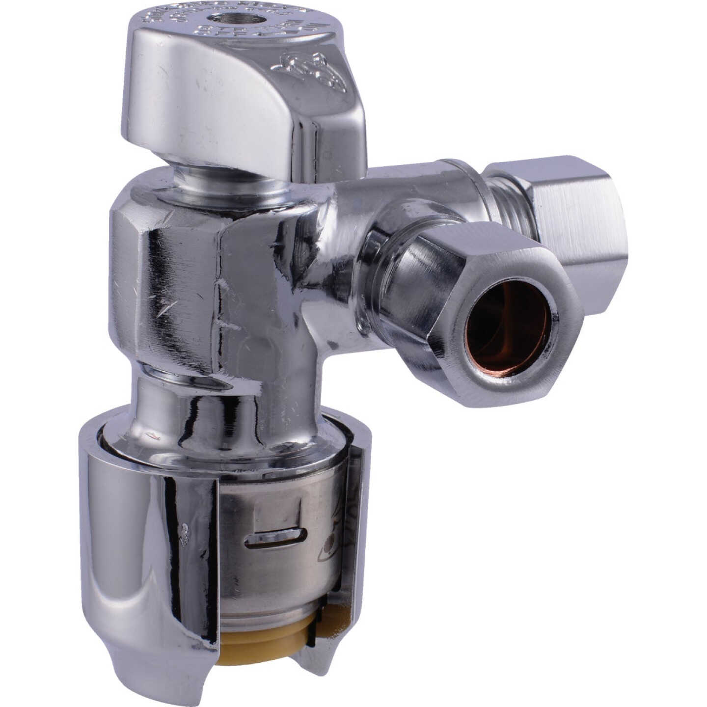 SharkBite 1/2 in. Push-to-Connect x 3/8 in. OD Compression x 3/8 in. OD Compression Chrome-Plated Brass Dual Stop Quarter Turn Angle Valve Image 1