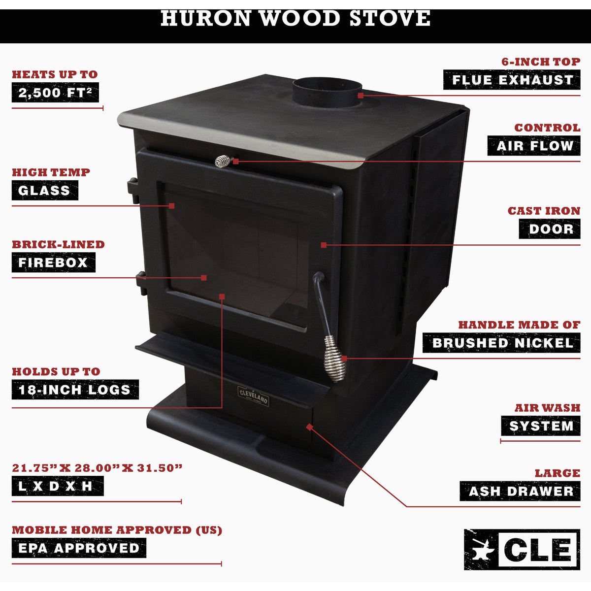 Cleveland Iron Works Huron 2500 Sq. Ft. Medium Wood Stove Image 2