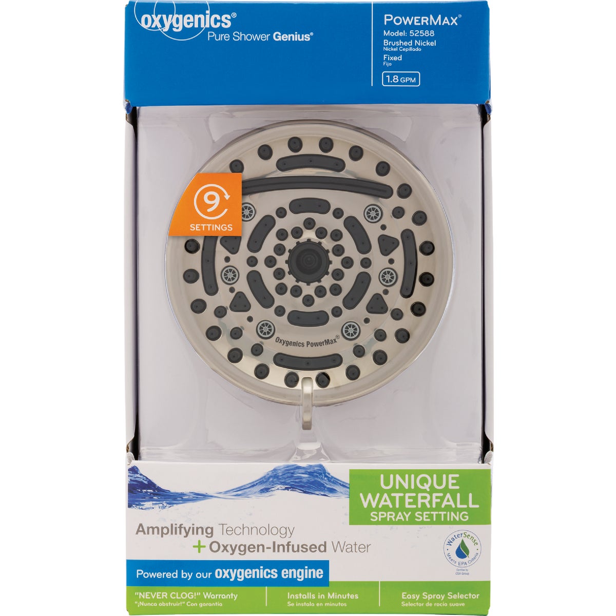 Oxygenics PowerMax 9-Spray 1.8 GPM Fixed Shower Head, Brushed Nickel Image 7