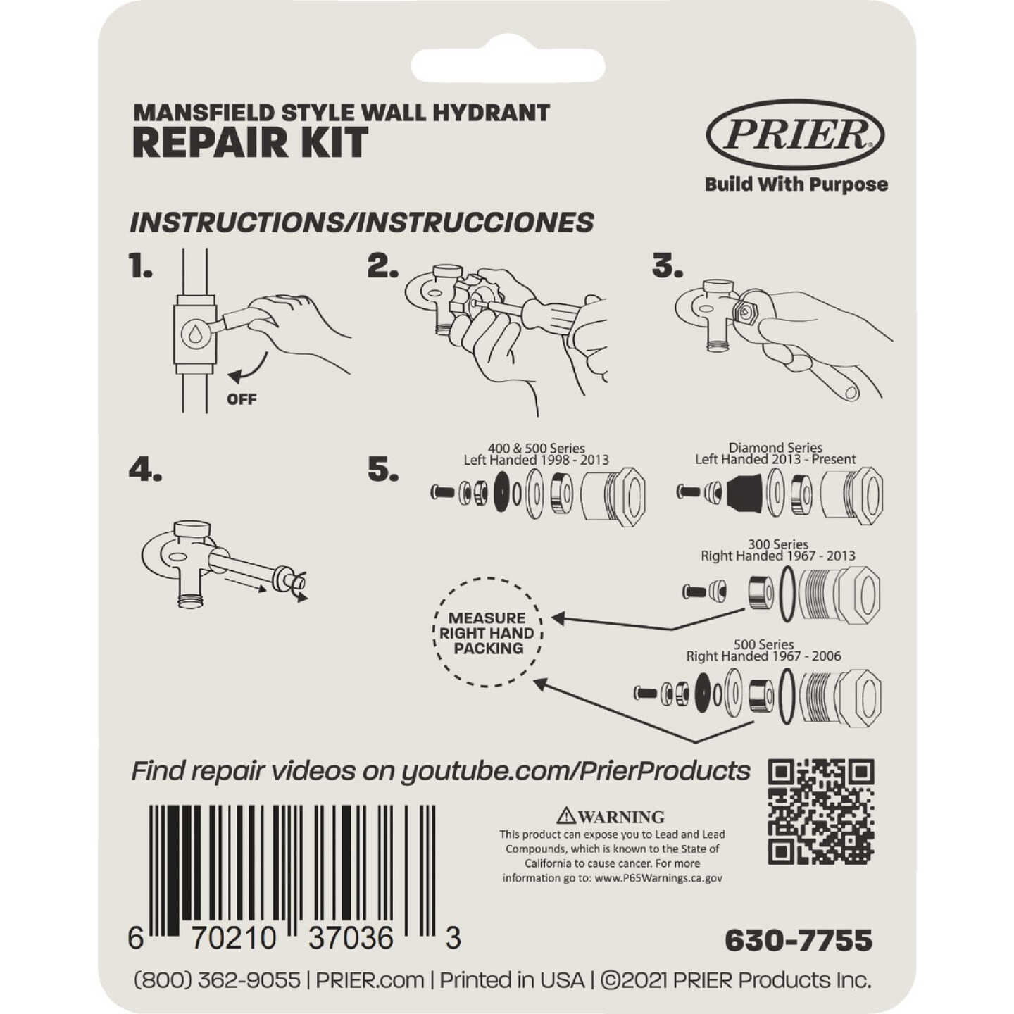 Prier Mansfield Style Service Parts Kit for Model No. 378/578 Series Wall Hydrants Image 2