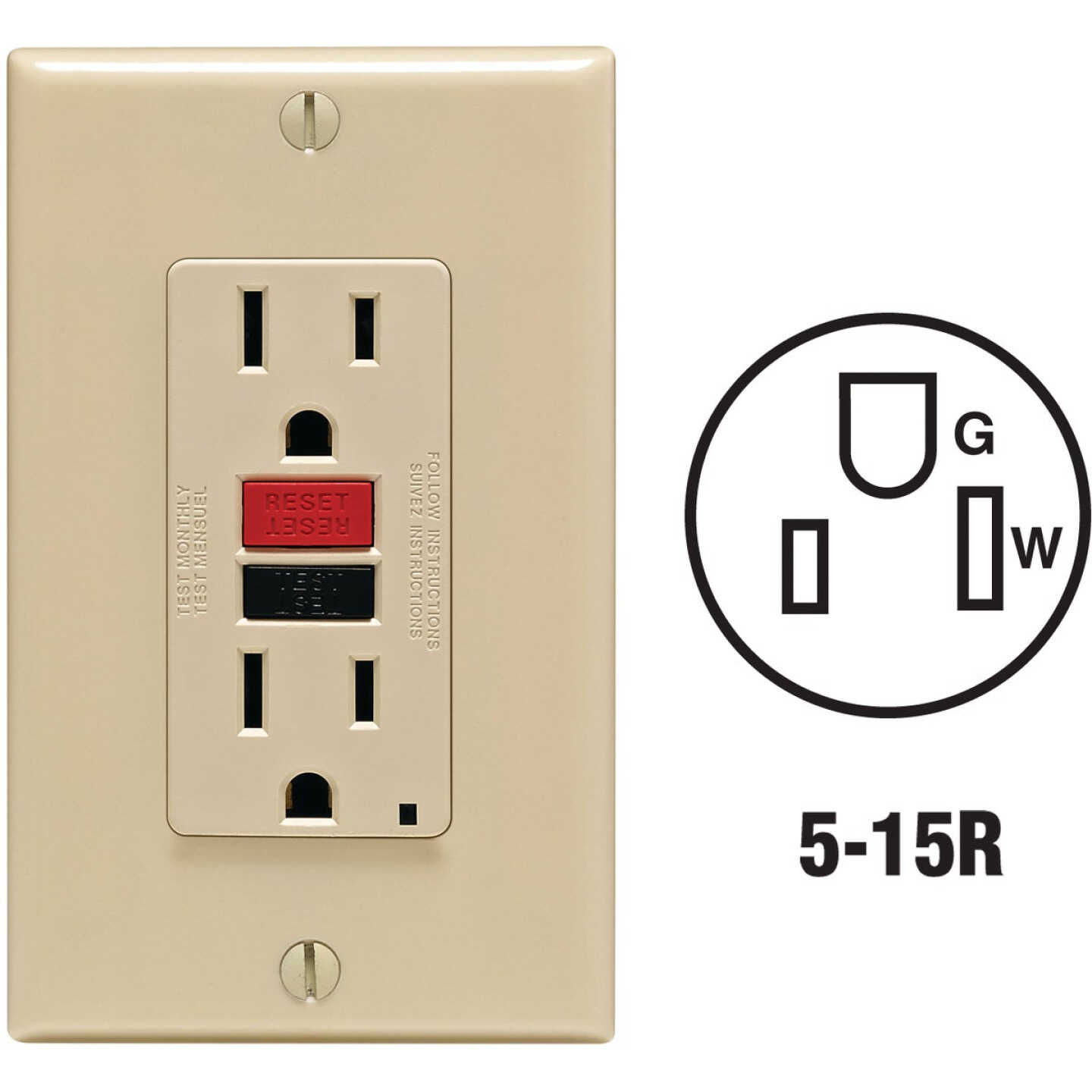 Leviton SmartlockPro Self-Test 15A Ivory Residential Grade 5-15R GFCI Outlet with Wall Plate Image 1