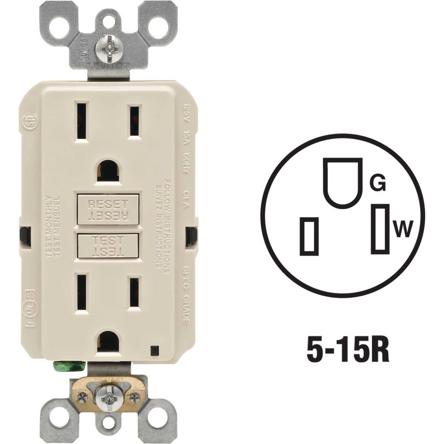 Leviton SmartlockPro Self-Test 15A Light Almond Residential Grade Rounded Corner 5-15R GFCI Outlet Image 1