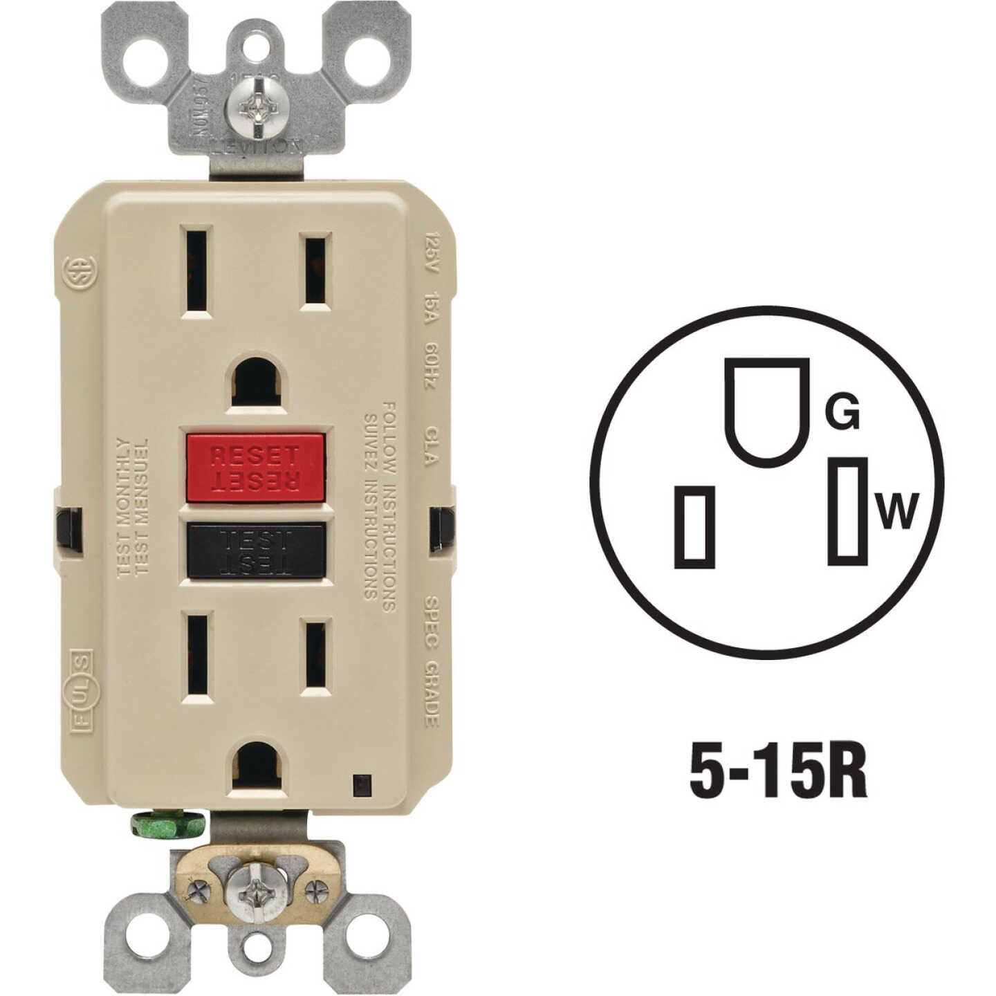 Leviton SmartlockPro Self-Test 15A Ivory Residential Grade 5-15R GFCI Outlet Image 1