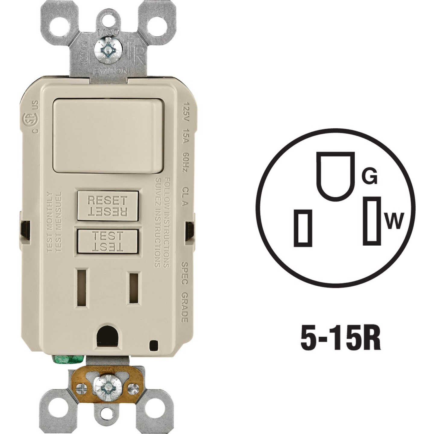 Leviton Light Almond 15A Self-Test Tamper Resistant GFCI Switch & Outlet Combination With Wallplate Image 1
