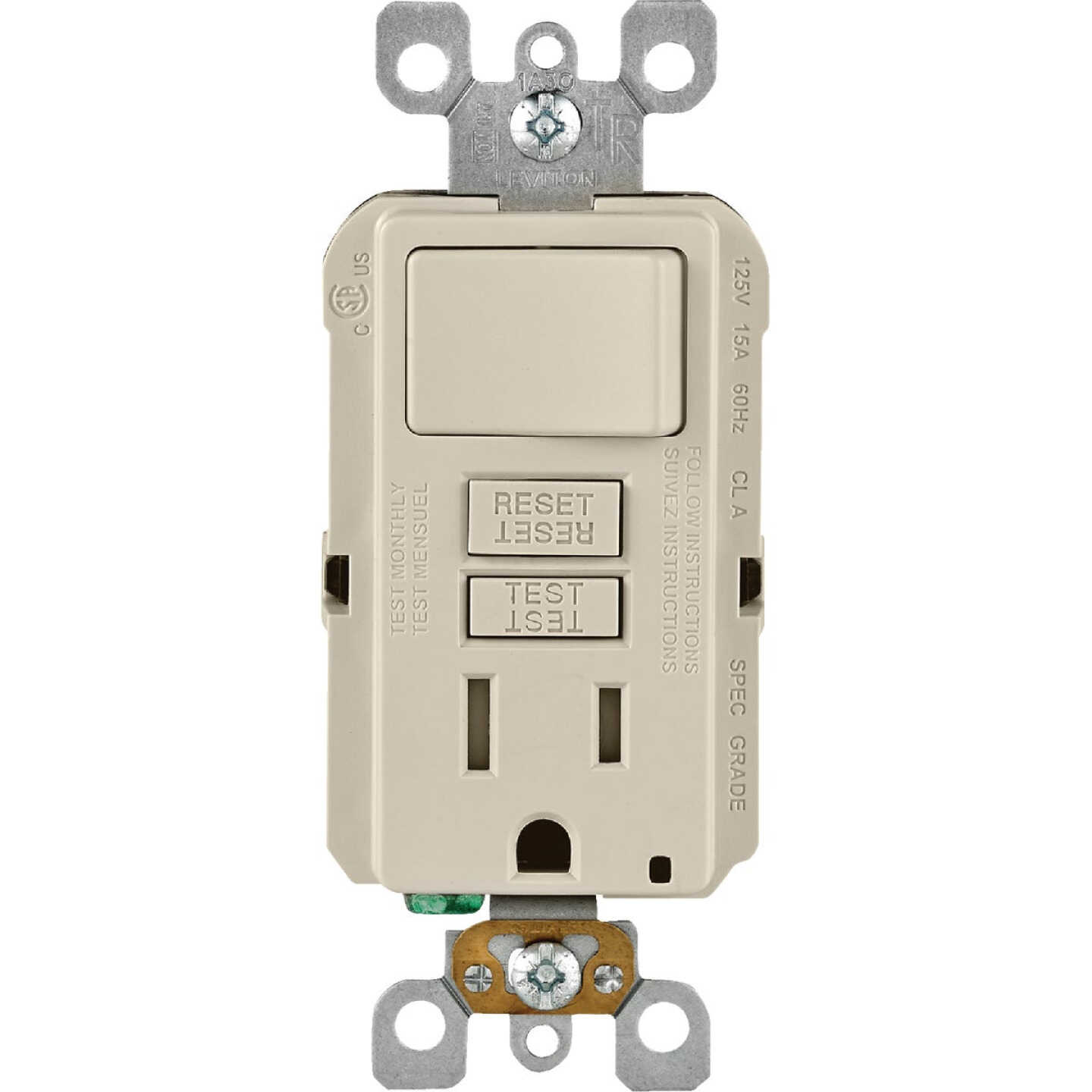 Leviton Light Almond 15A Self-Test Tamper Resistant GFCI Switch & Outlet Combination With Wallplate Image 2