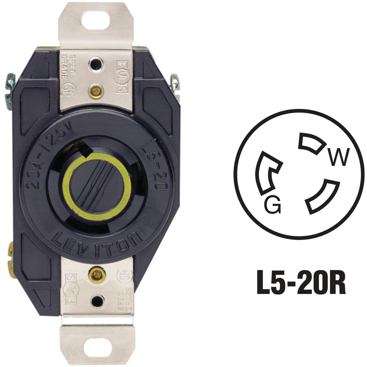 Leviton 20A 125V Black Industrial Grade L5-20R Locking Outlet Receptacle Image 1