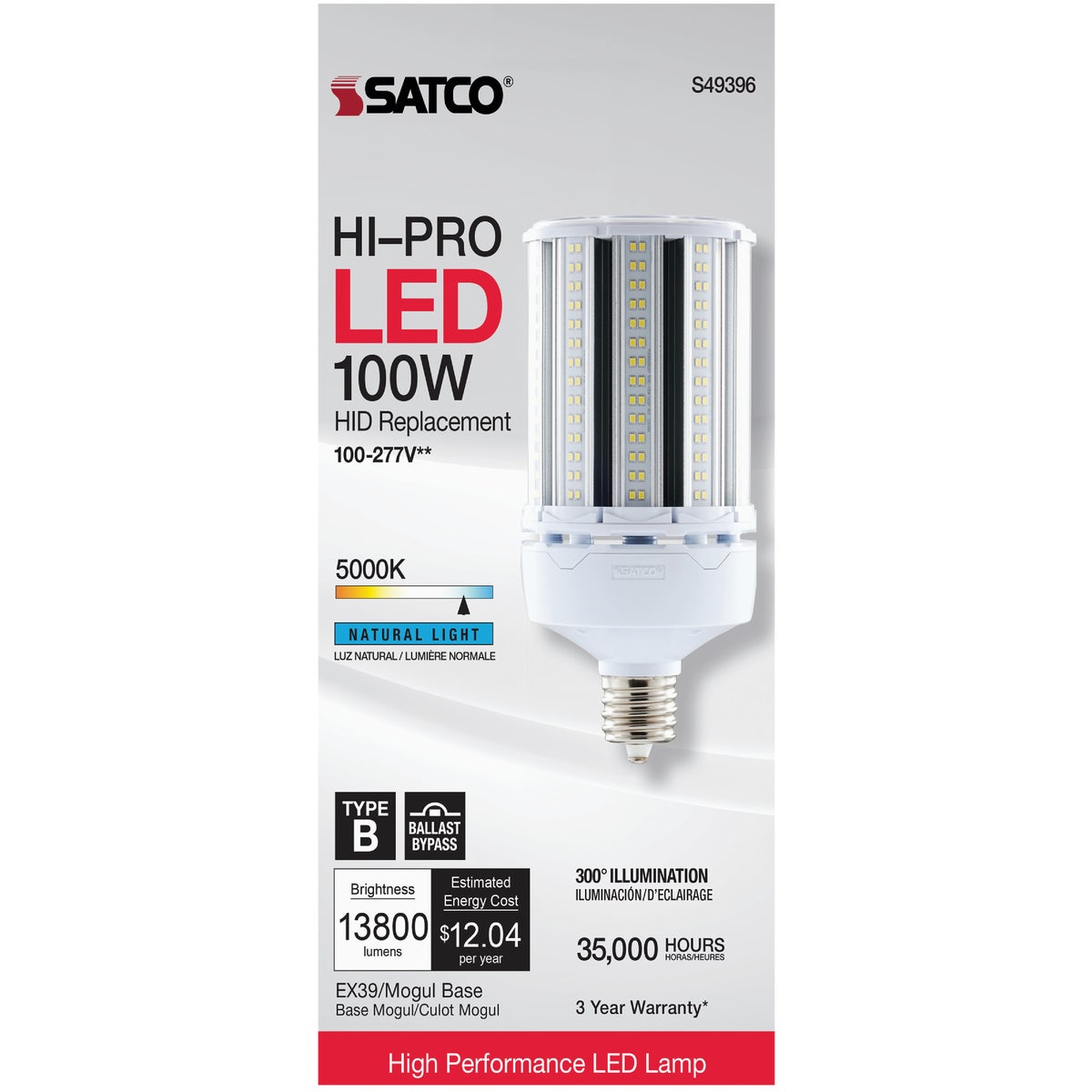 Satco Hi-Pro 400W HID Equivalent Clear Corn Cob Mogul Extended Base LED High-Intensity Light Bulb with Safety Chain Image 2