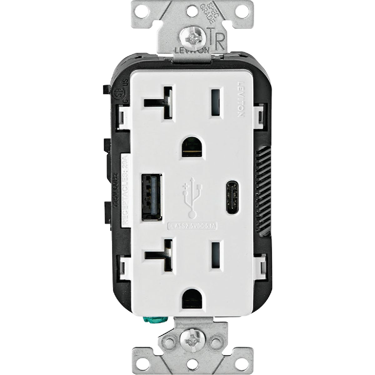 Leviton Decora 20A Tamper-Resistant Outlet with 27W Type A/C USB Charging Ports for Smartphones & Tablets