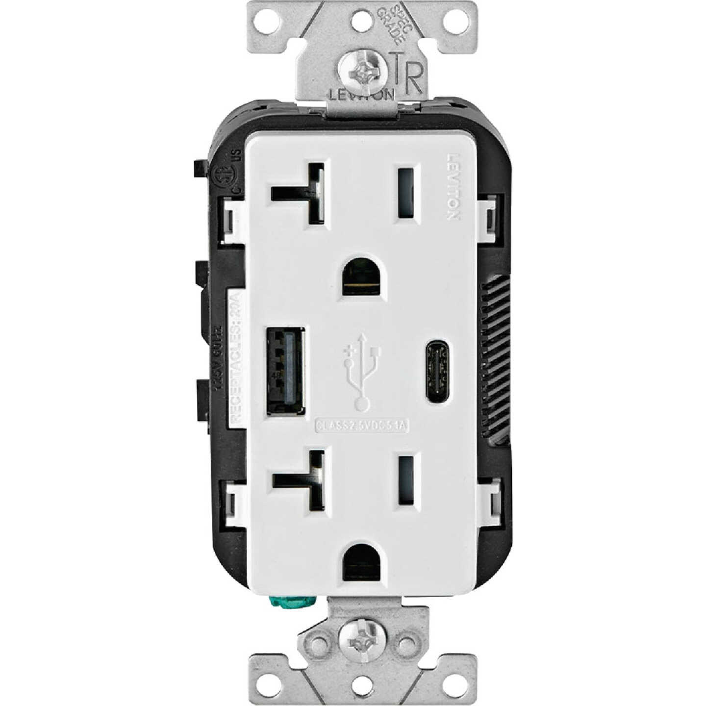 Leviton Decora 20A Tamper-Resistant Outlet with 27W Type A/C USB Charging Ports for Smartphones & Tablets Image 1