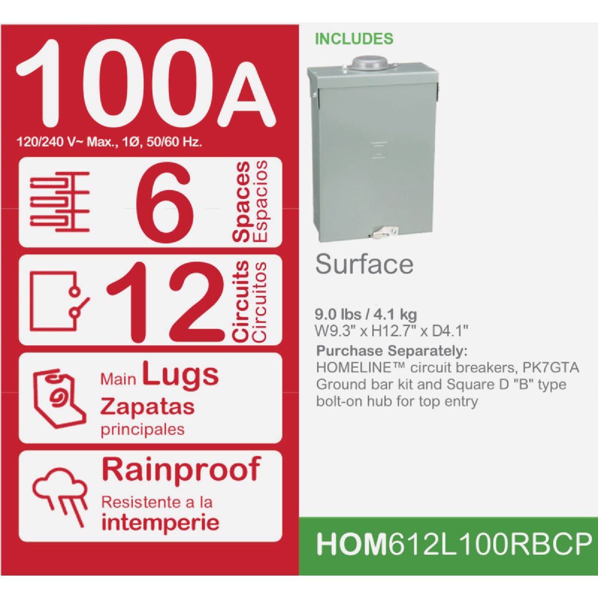 Square D Homeline 100A 6-Space 12-Circuit Raintight Main Lug Load Center Image 2