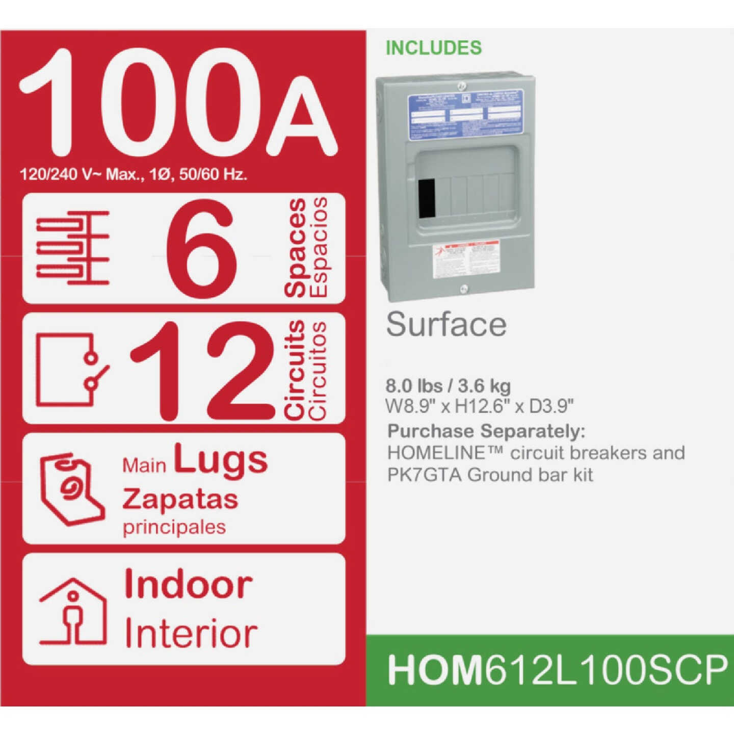 Square D Homeline 100A 6-Space 12-Circuit Indoor Main Lug Surface Mount Load Center Image 2