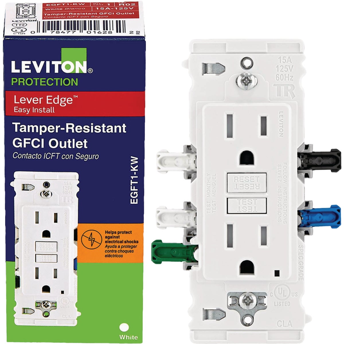 Leviton Lever Edge Self-Test 15A White Tamper-Resistant GFCI Duplex Outlet