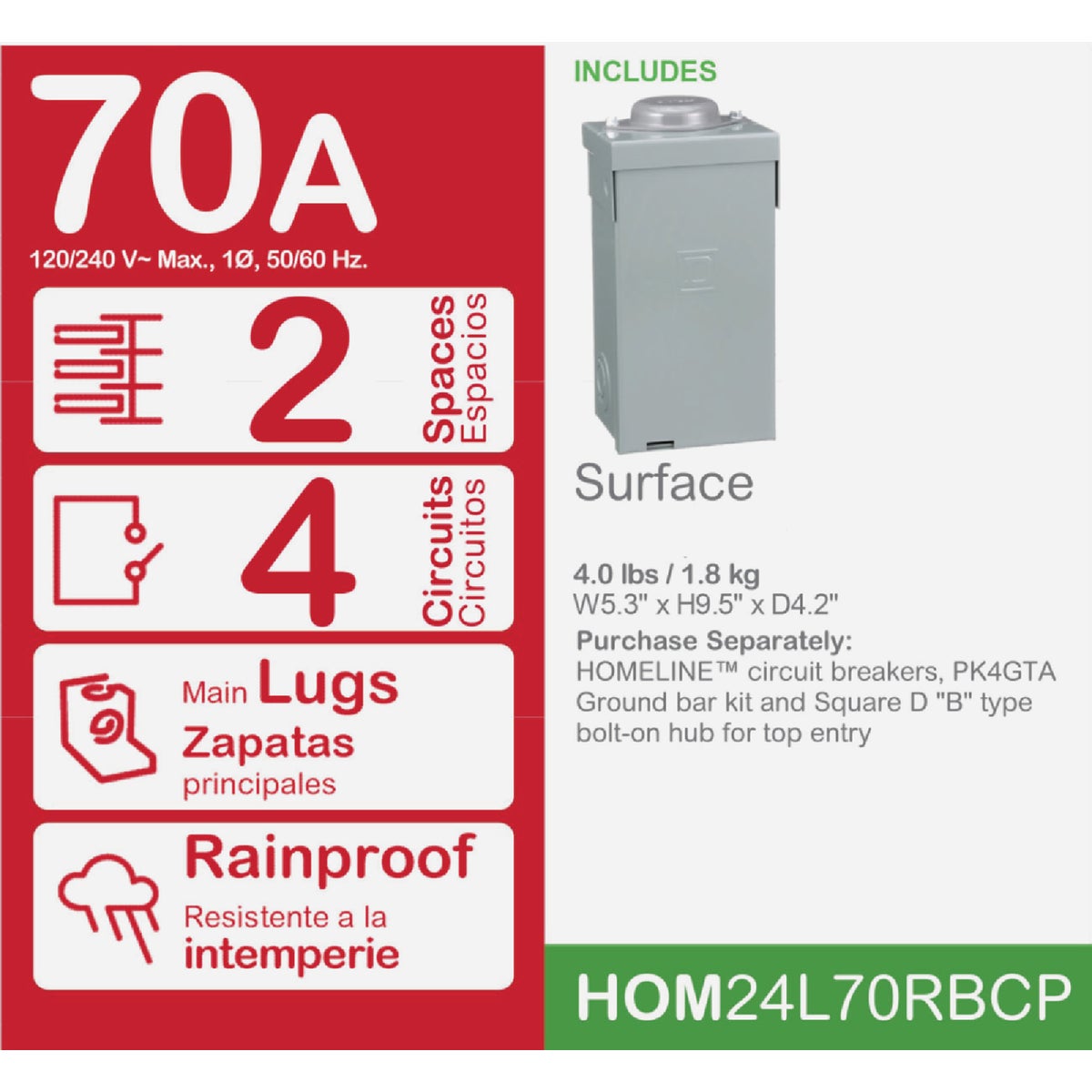 Square D Homeline 70A 2-Space 4-Circuit Raintight Main Lug Load Center Image 2