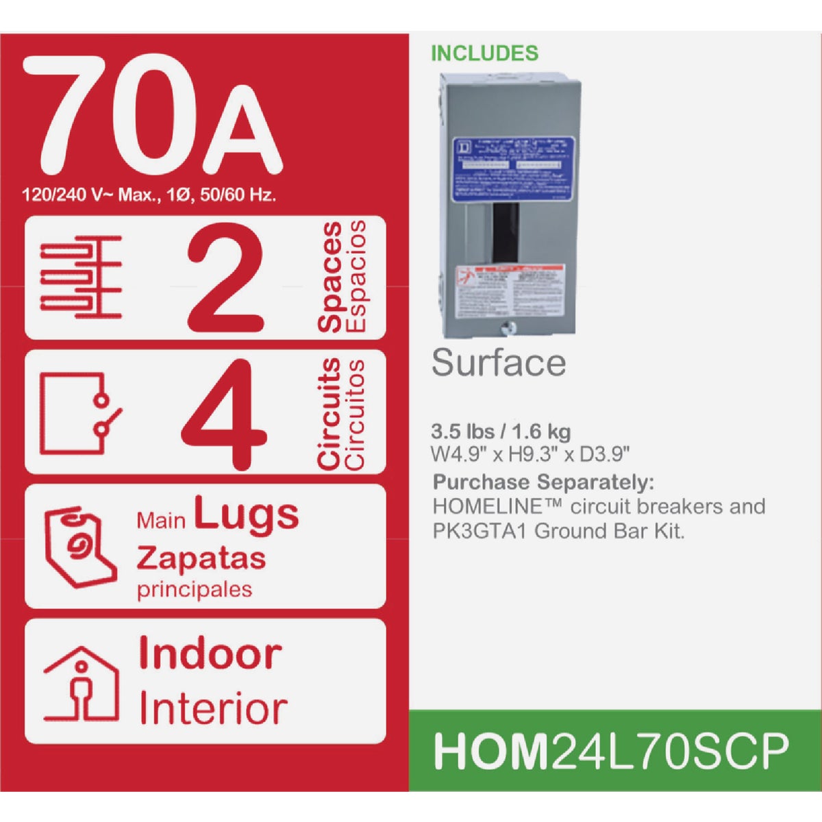 Square D Homeline 70A 2-Space 4-Circuit Indoor Main Lug Surface Mount Load Center Image 2