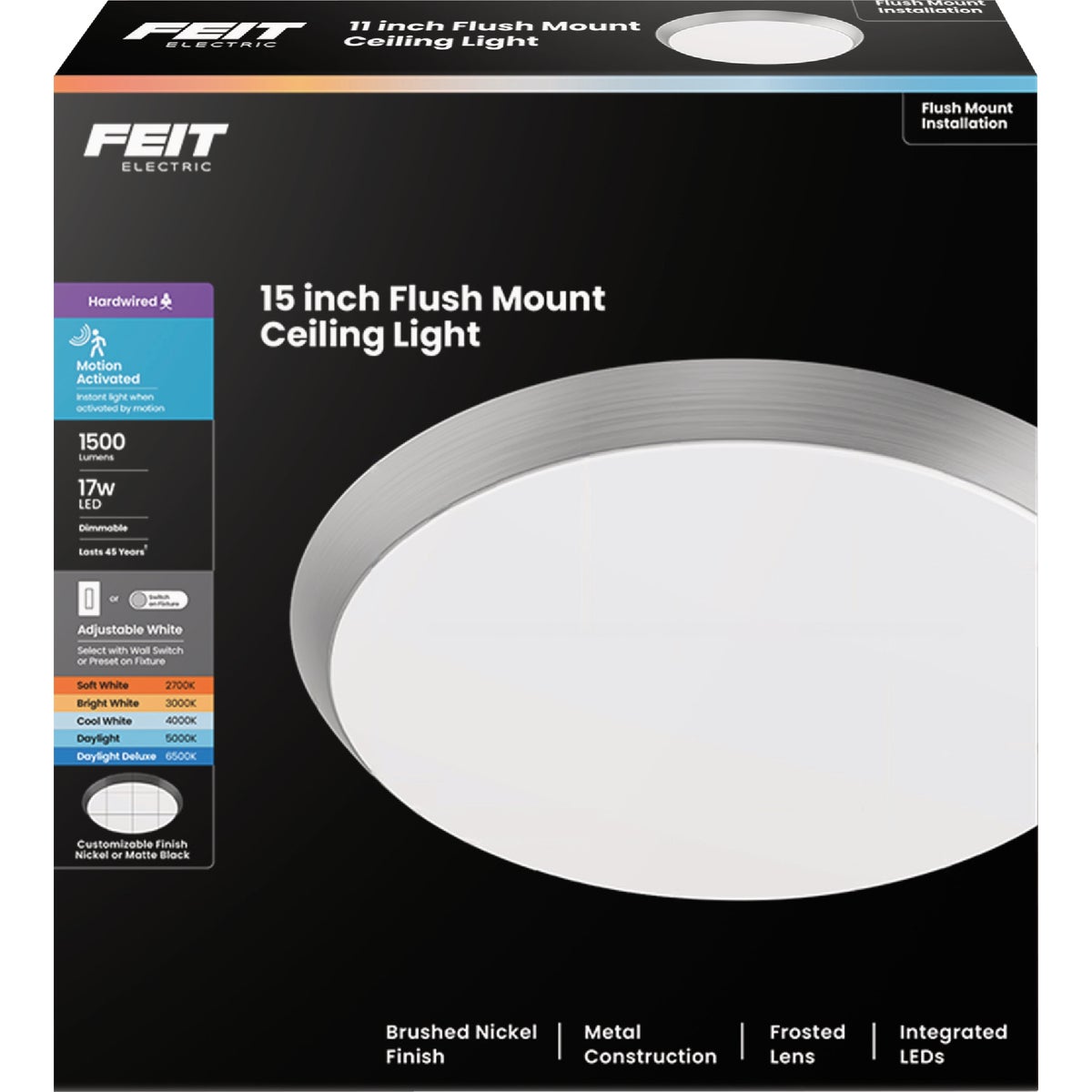 Feit 15 In. Brushed Nickel or Black LED Round CCT Disc Flush Mount Motion Ceiling Light Fixture Image 5