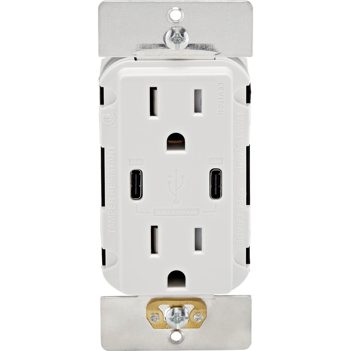 Leviton Decora White 15A Tamper Resistant Duplex Outlet with 60W USB-C Charger
