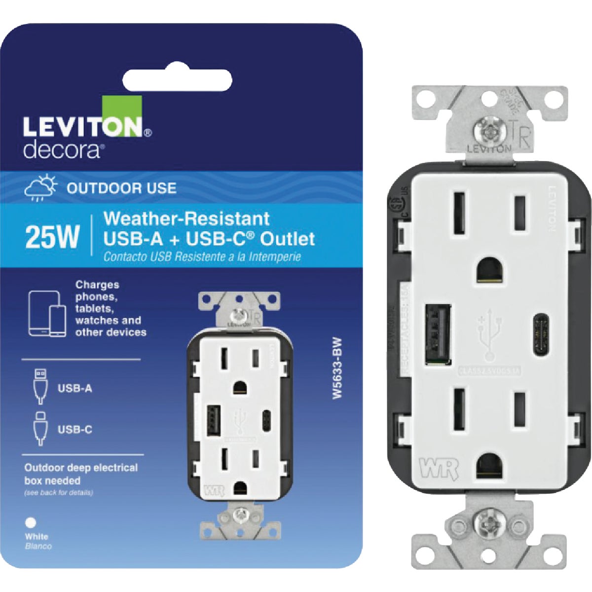 Leviton Decora White 15A Weather-Resistant USB Duplex Outlet with Type A and Type-C Ports