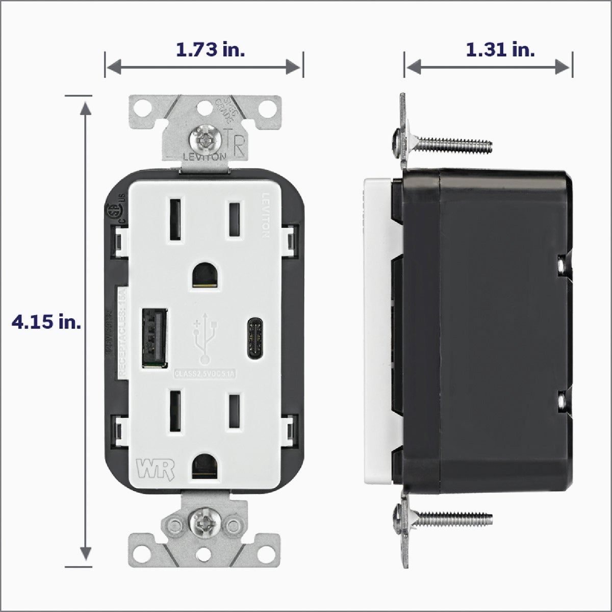 Leviton Decora White 15A Weather-Resistant USB Duplex Outlet with Type A and Type-C Ports Image 4