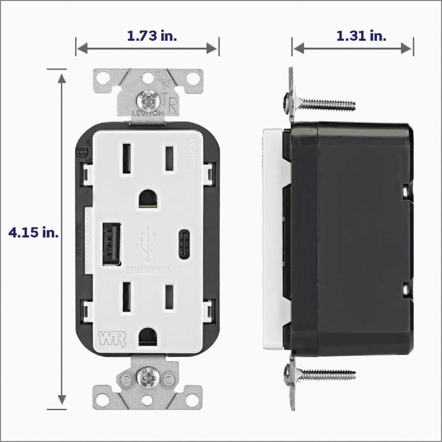 Leviton Decora White 15A Weather-Resistant USB Duplex Outlet with Type A and Type-C Ports Image 4