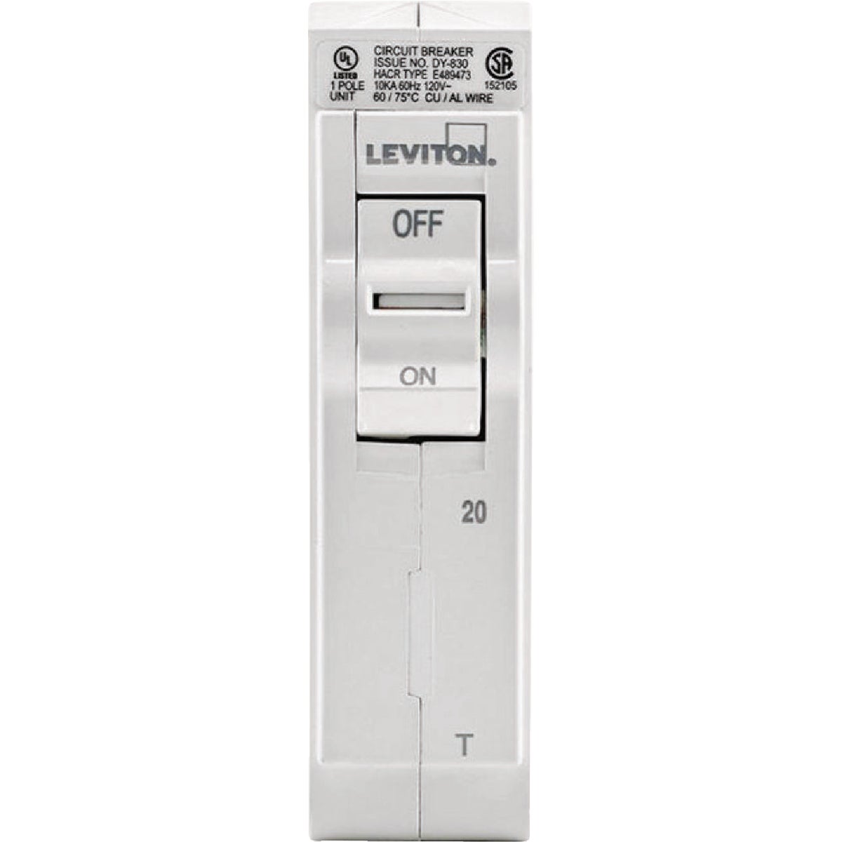 Leviton 20A Single-Pole Plug-On Standard Branch Thermal Magnetic Trip Circuit Breaker Image 2