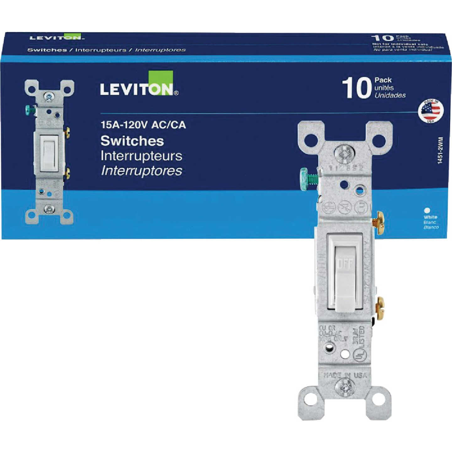 Leviton Residential Grade 15 Amp Toggle Single Pole Grounded Switch, White, (10-Pack) Image 1