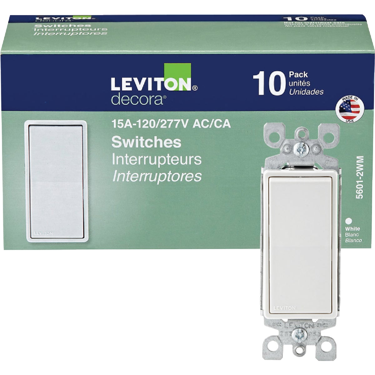 Leviton Decora Residential Grade 15 Amp Rocker Single Pole Switch, (White, (10-Pack)