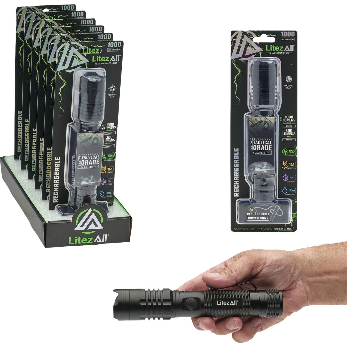 LitezAll 1000 Lm. Rechargeable LED Tactical Flashlight