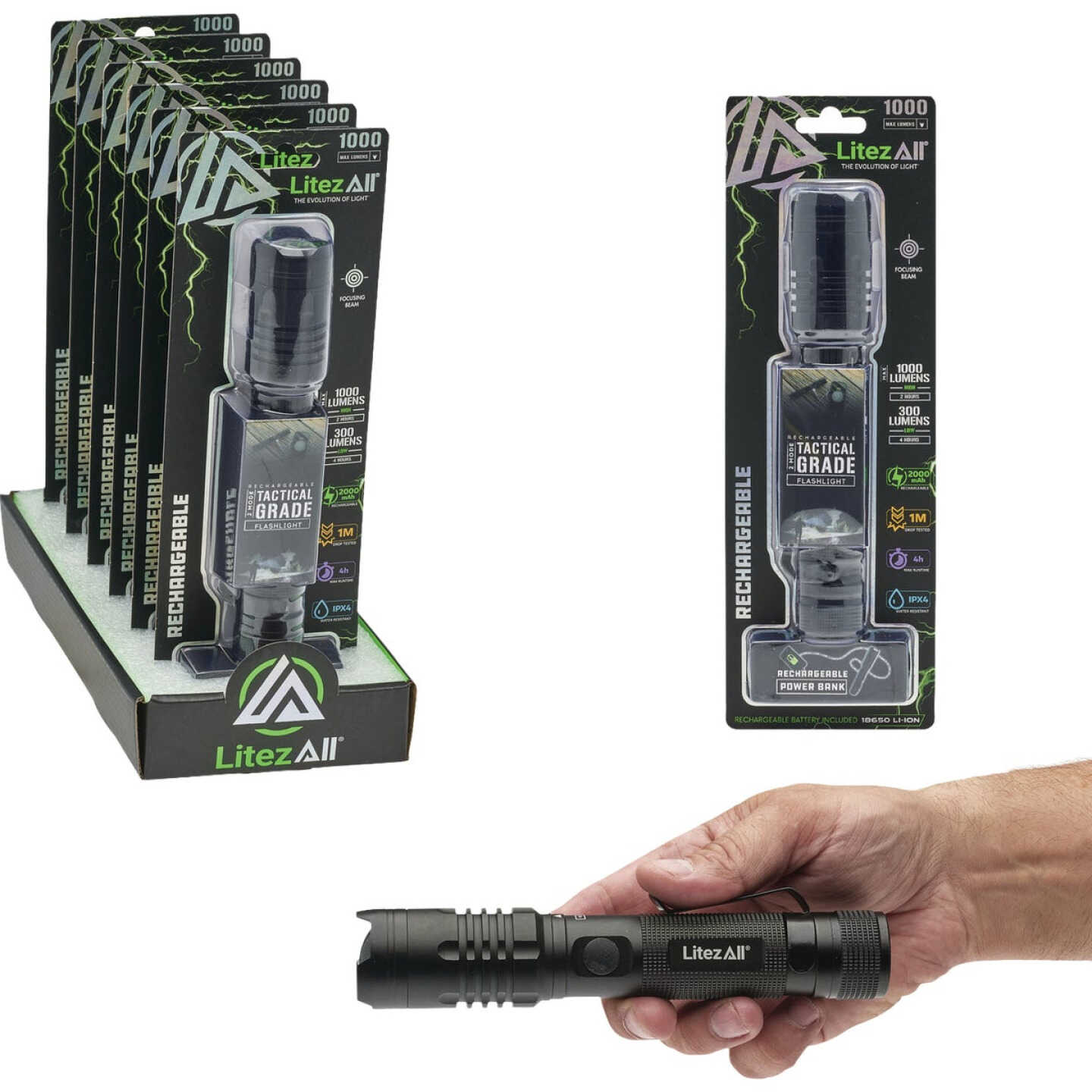 LitezAll 1000 Lm. Rechargeable LED Tactical Flashlight Image 1