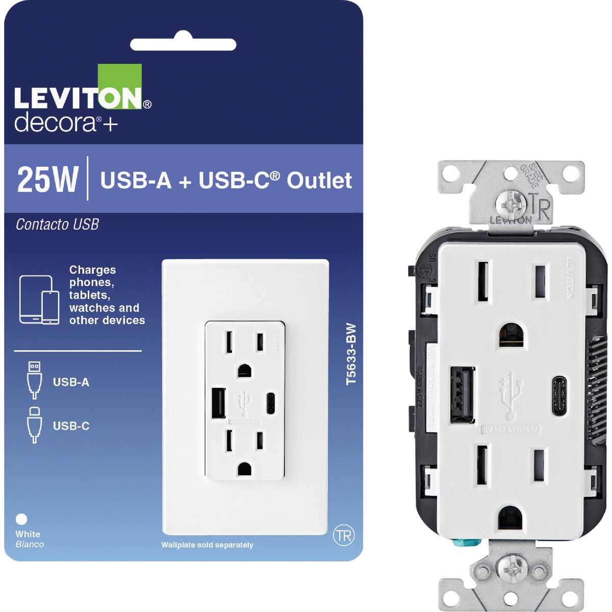 Leviton Decora White 15A Tamper Resistant Outlet with Type A & C USB Charger