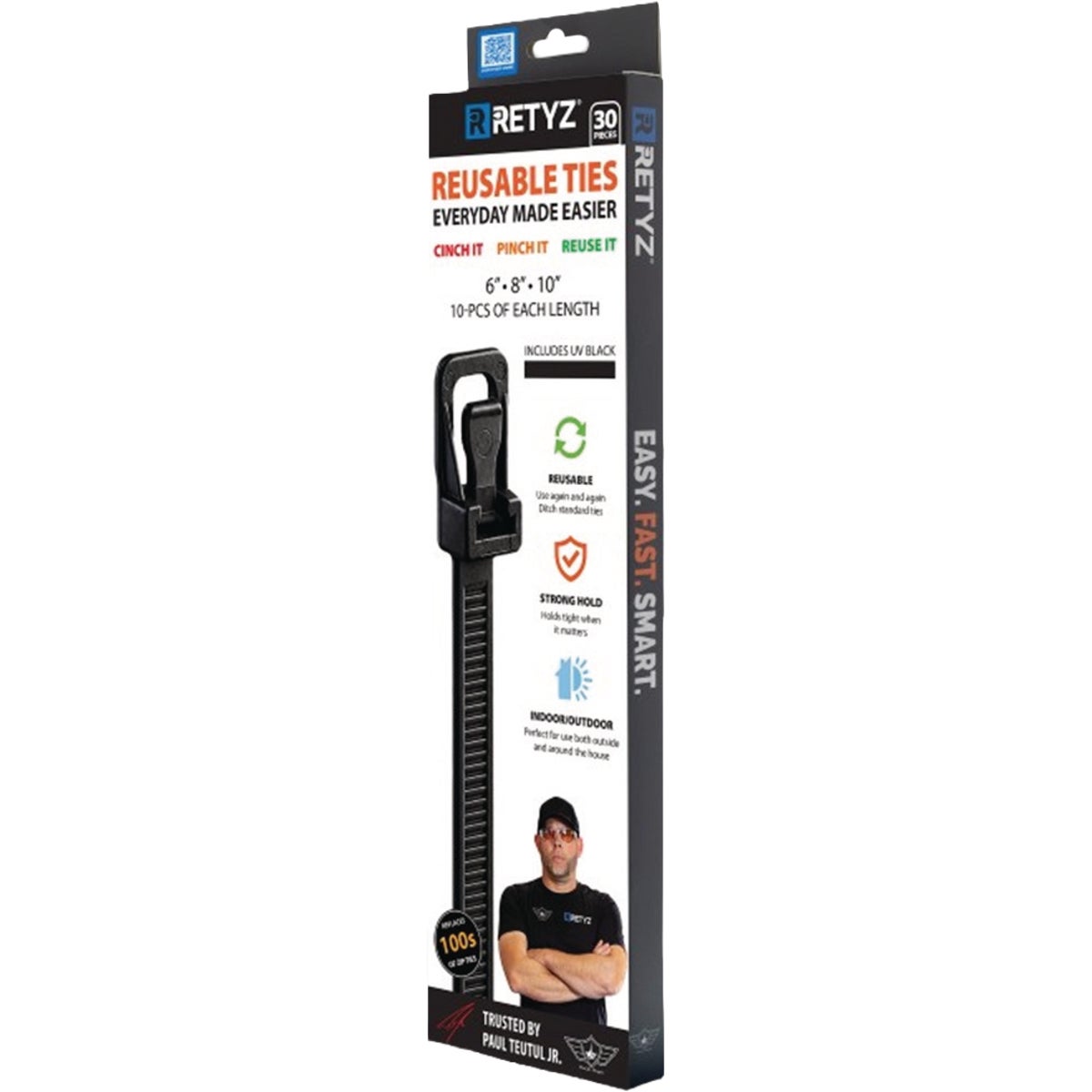 RETYZ 6 In./8 In./10 In. Black Reusable Cable Tie (30-Pack)