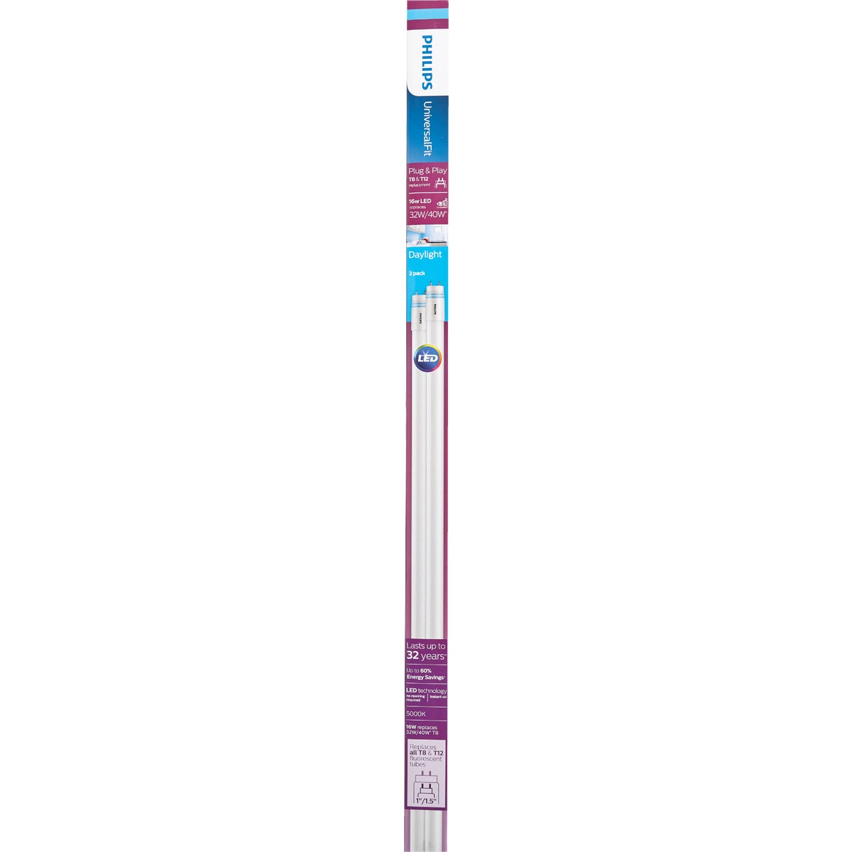Philips UniversalFit 32W/40W Equivalent 48 In. Daylight T8 Bi-Pin LED Tube Light Bulb (2-Pack) Image 2
