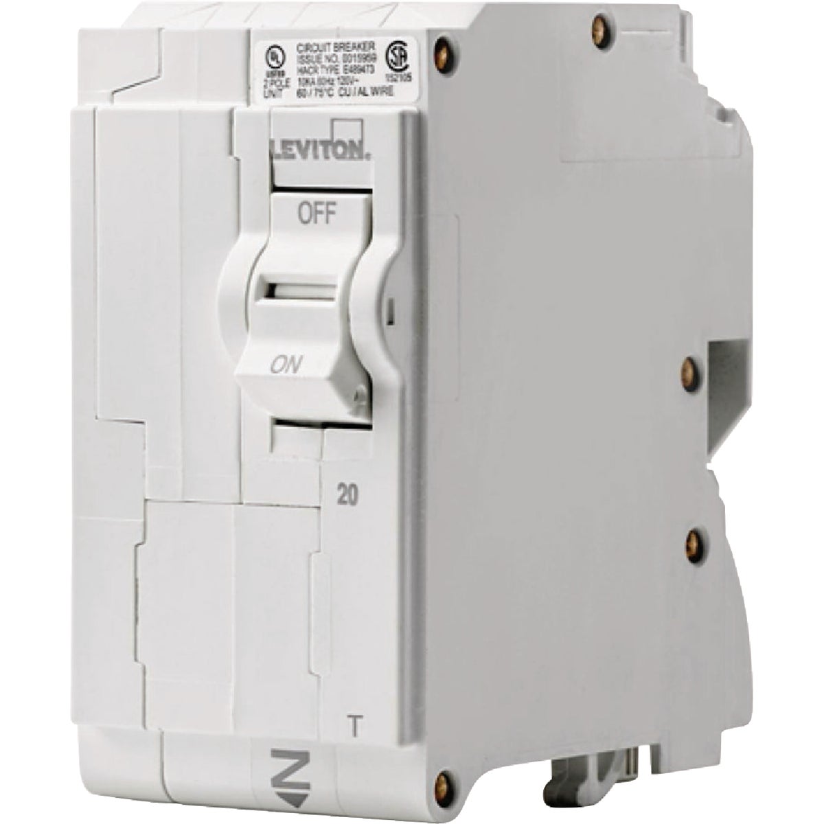 Leviton 20A Double-Pole Plug-On Standard Branch Thermal Magnetic Trip Circuit Breaker