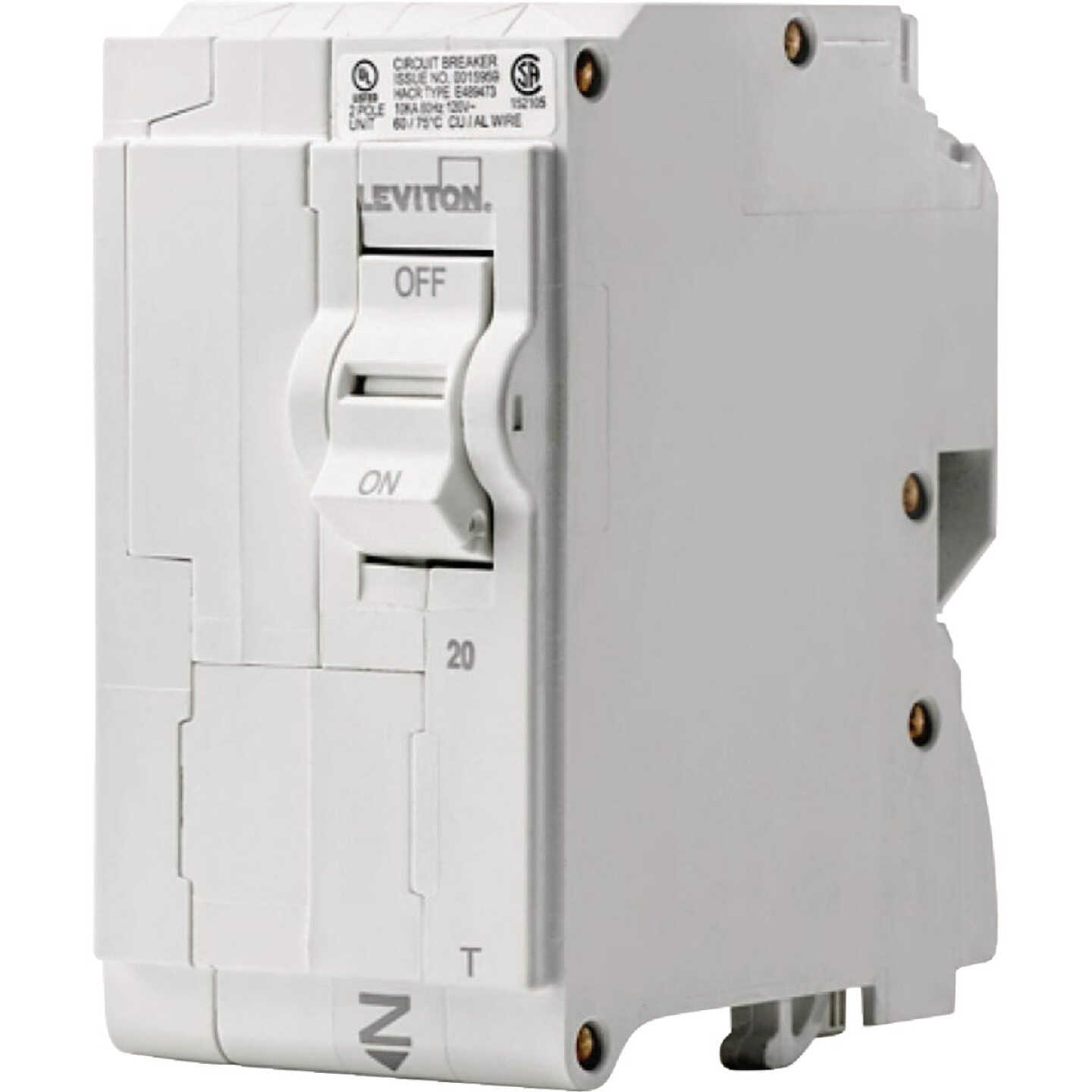 Leviton 20A Double-Pole Plug-On Standard Branch Thermal Magnetic Trip Circuit Breaker Image 1