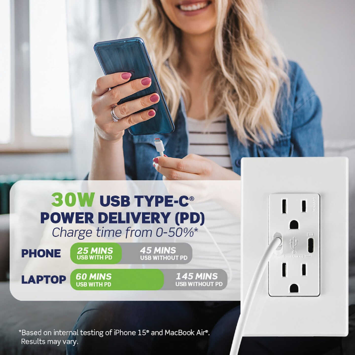 Leviton Decora White 15A Type C/C USB Charger Tamper Resistant 30W Outlet Image 2