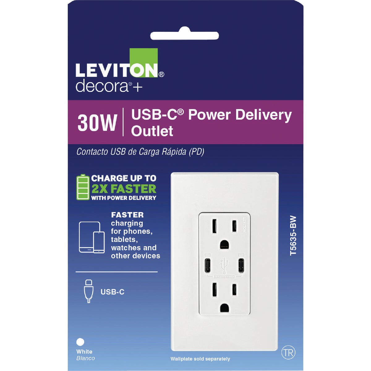Leviton Decora White 15A Type C/C USB Charger Tamper Resistant 30W Outlet Image 7