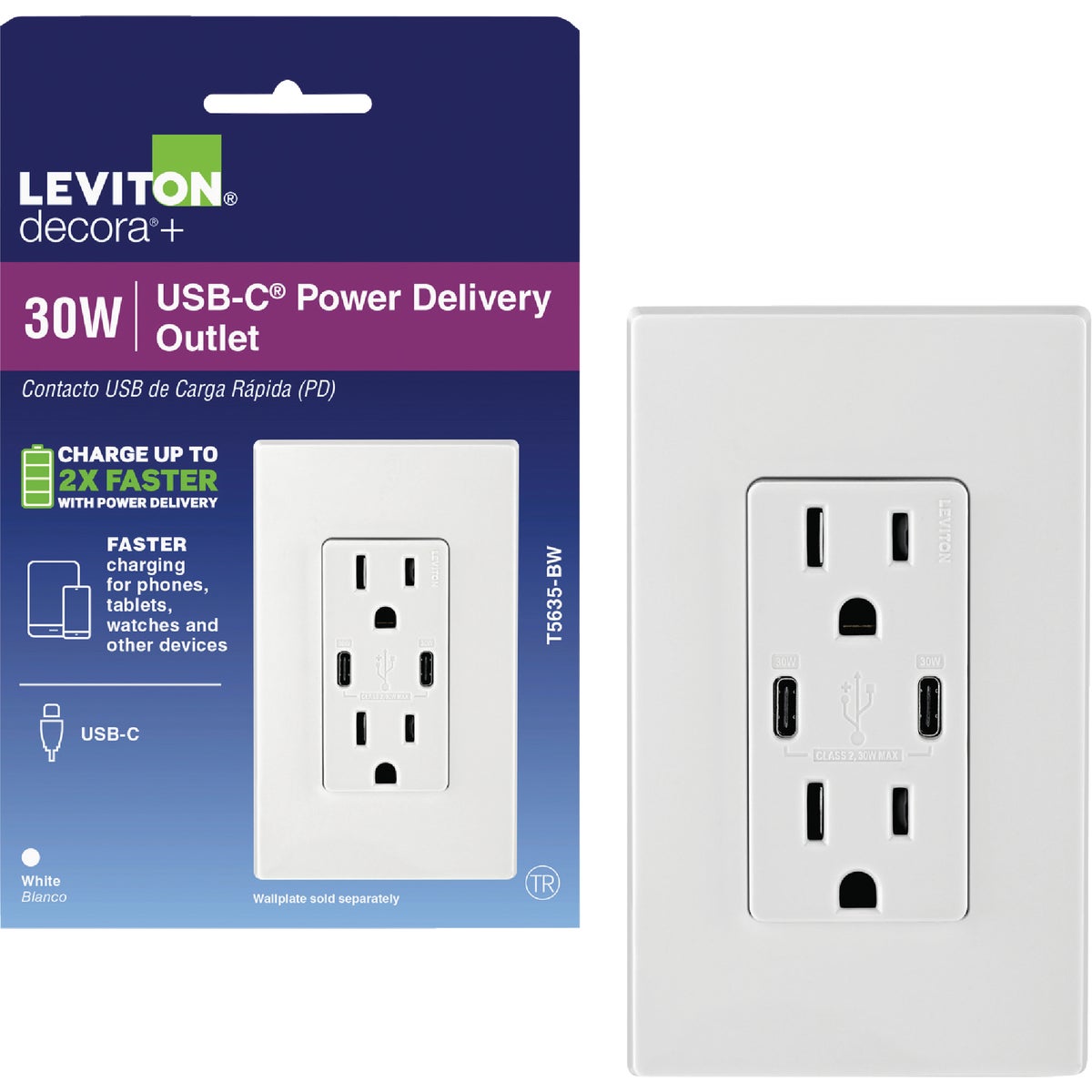 Leviton Decora White 15A Type C/C USB Charger Tamper Resistant 30W Outlet