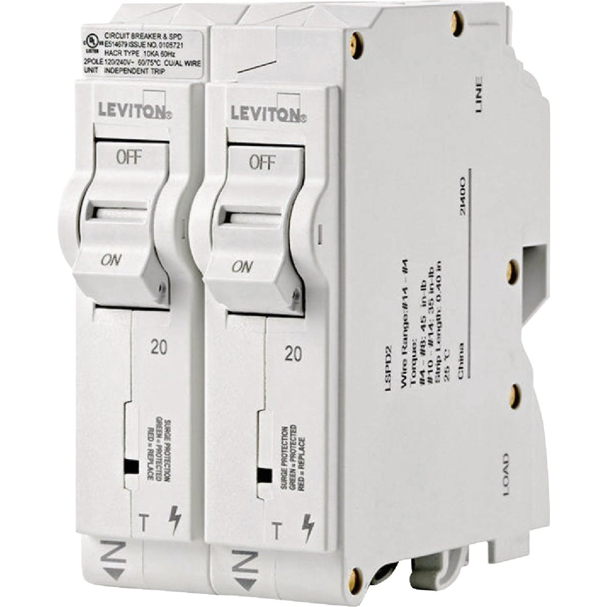 Leviton (2) 20A Single-Pole Thermal Magnetic White Plug-On Standard Branch Circuit Breakers Image 2