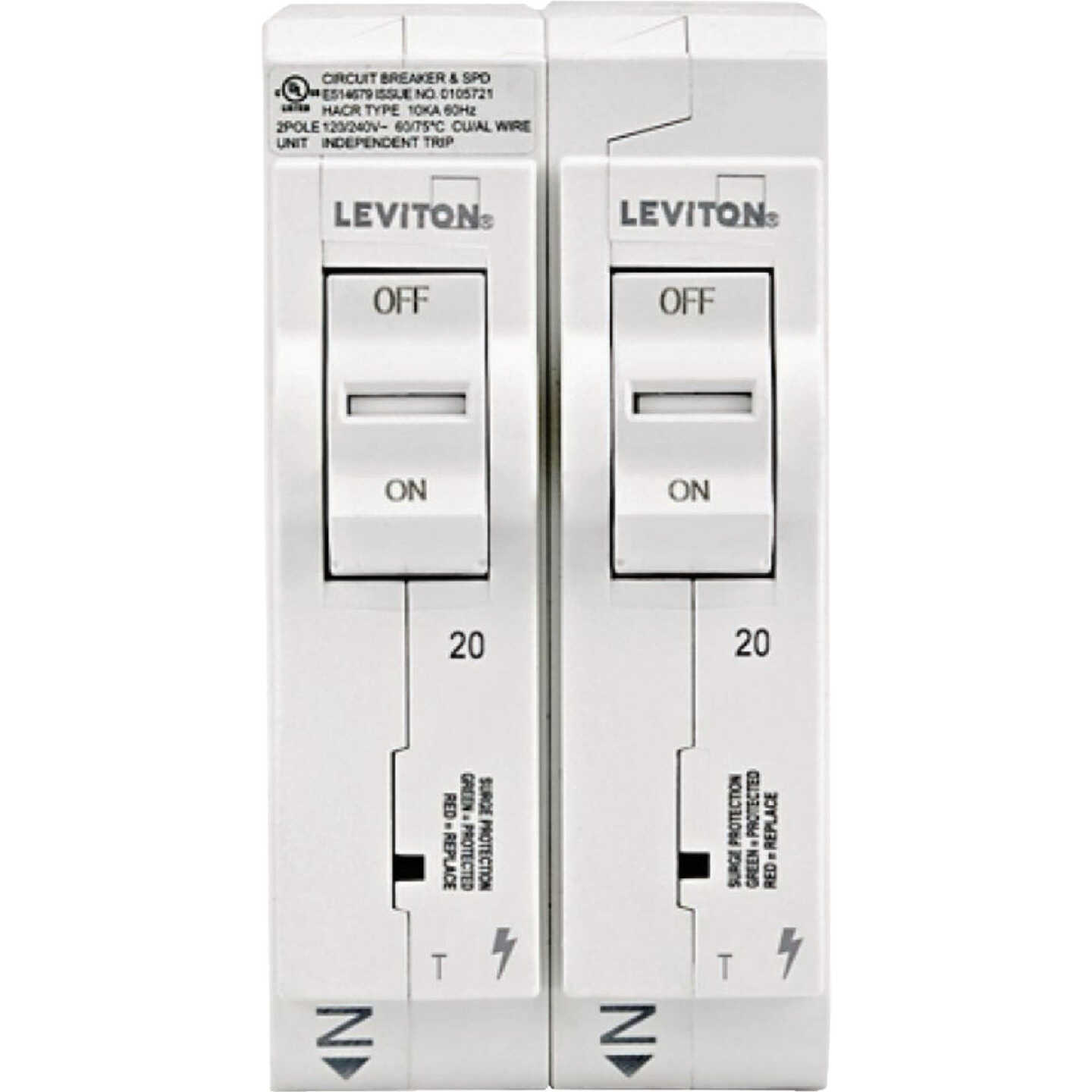 Leviton (2) 20A Single-Pole Thermal Magnetic White Plug-On Standard Branch Circuit Breakers Image 1