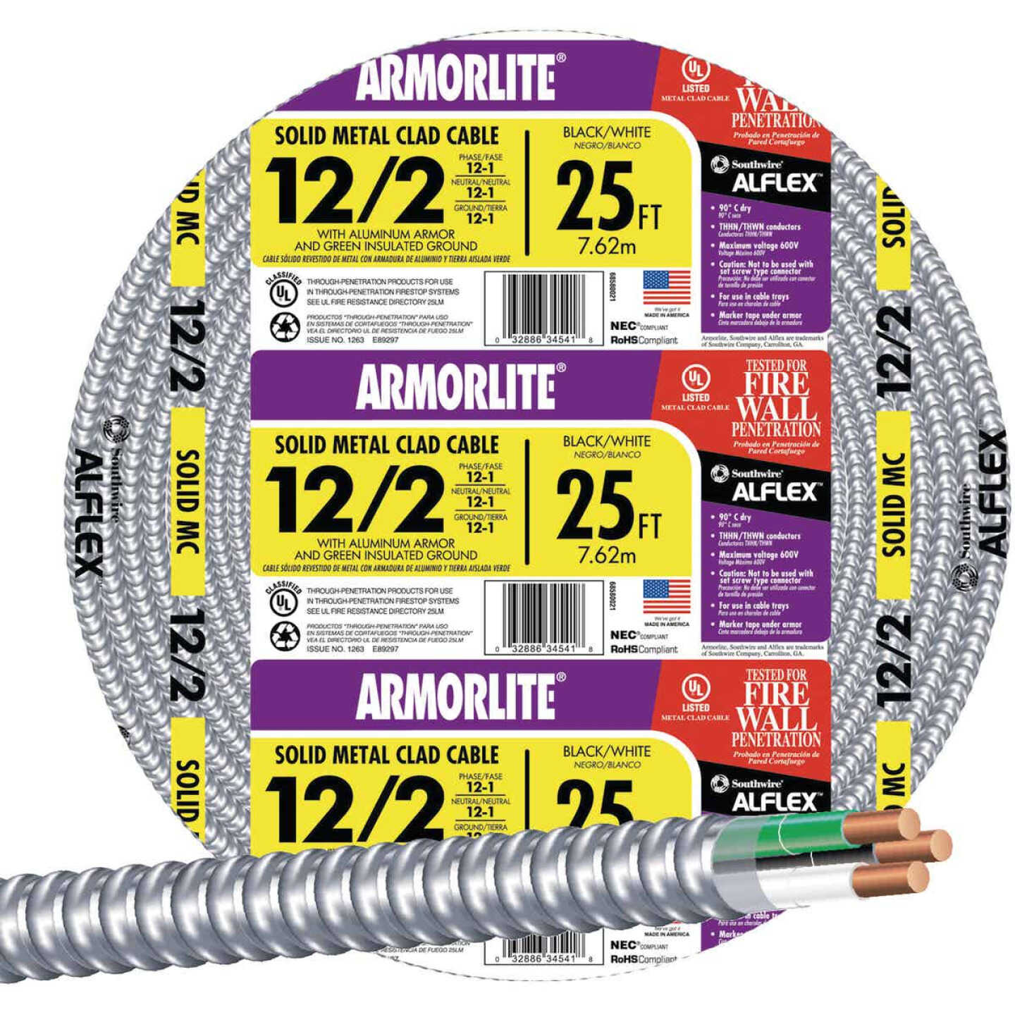 Southwire 25 Ft. 12/2 MC Armored Cable Electrical Wire Image 1