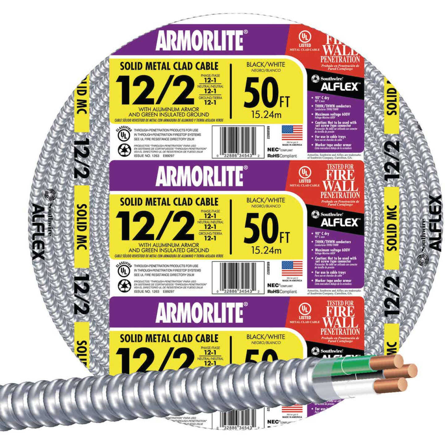Southwire 50 Ft. 12/2 MC Armored Cable Electrical Wire Image 1
