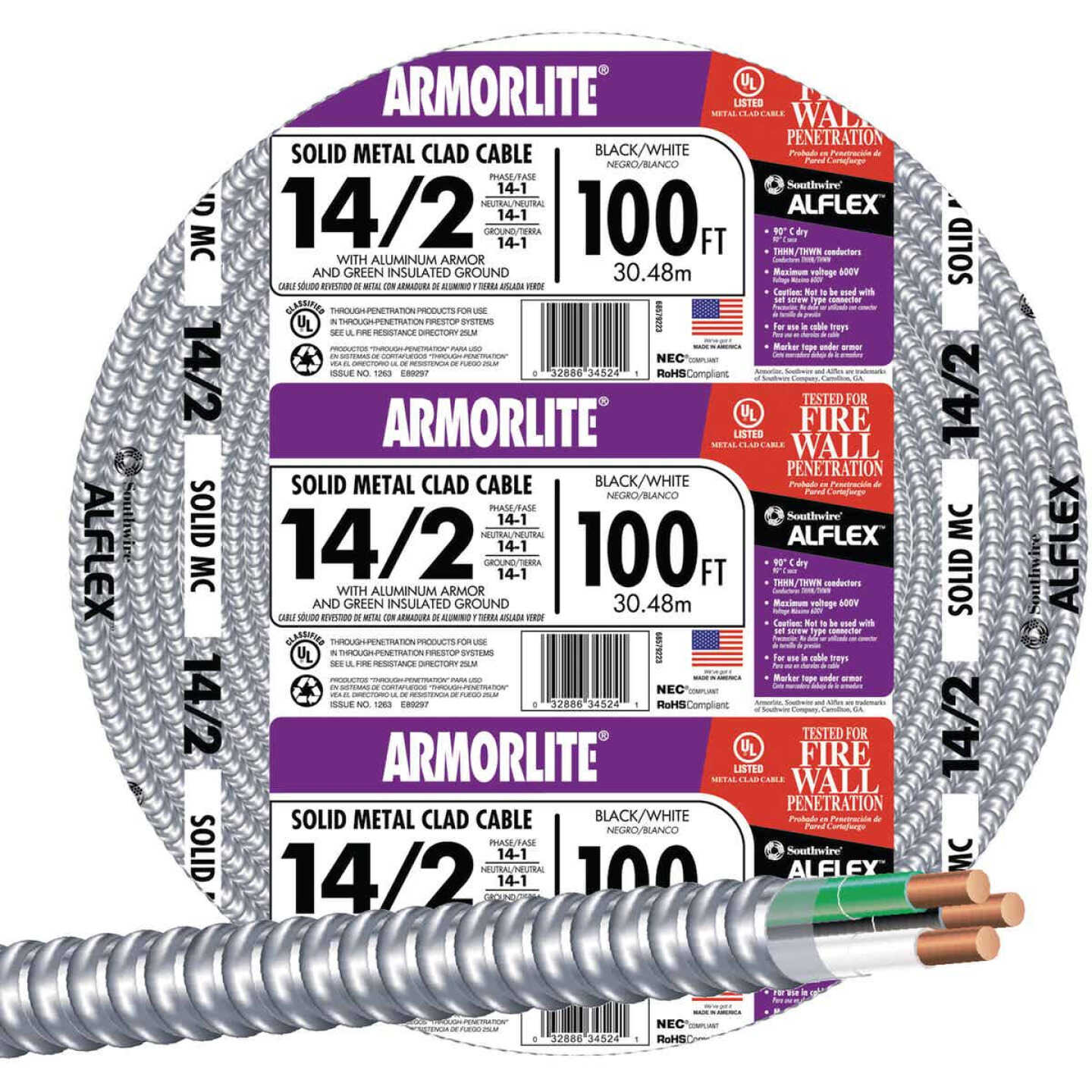 Southwire 100 Ft. 14/2 MC Armored Cable Electrical Wire Image 1