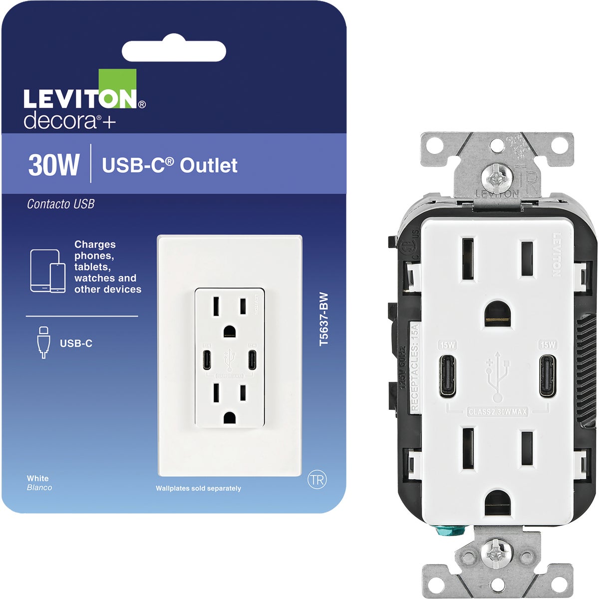 Leviton Decora White 15A Tamper Resistant Outlet with 30W USB Type-C/C Charger for Smartphones & Tablets