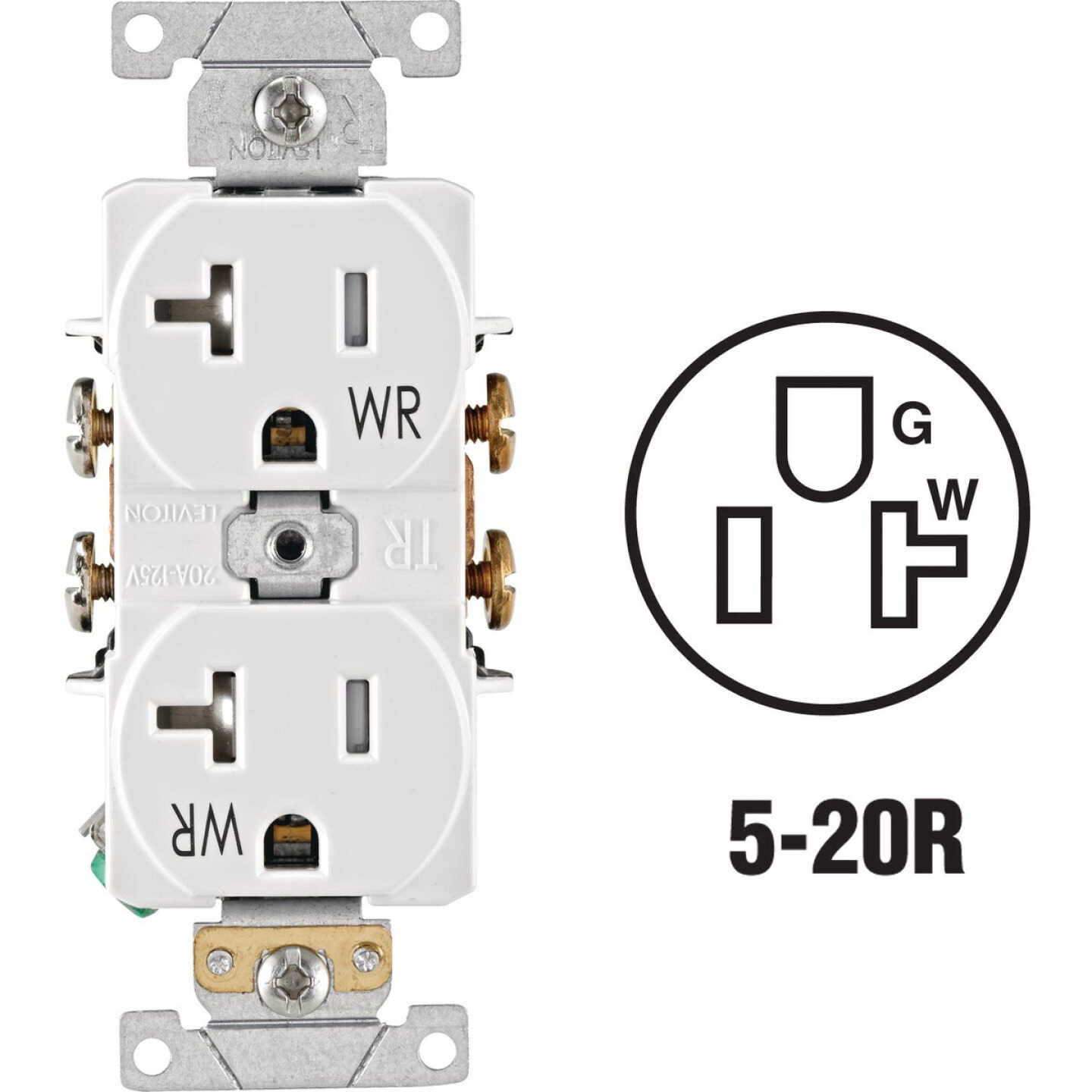 Leviton 20A White Tamper & Weather Resistant Commercial Grade 5-20R Duplex Outlet Image 1
