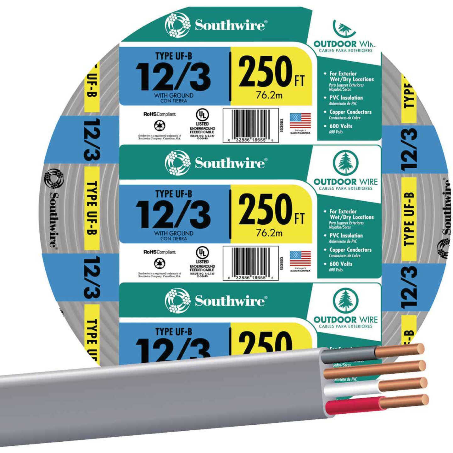 Southwire 250 Ft. 12 AWG 3-Conductor UFW/G Electrical Wire Image 1
