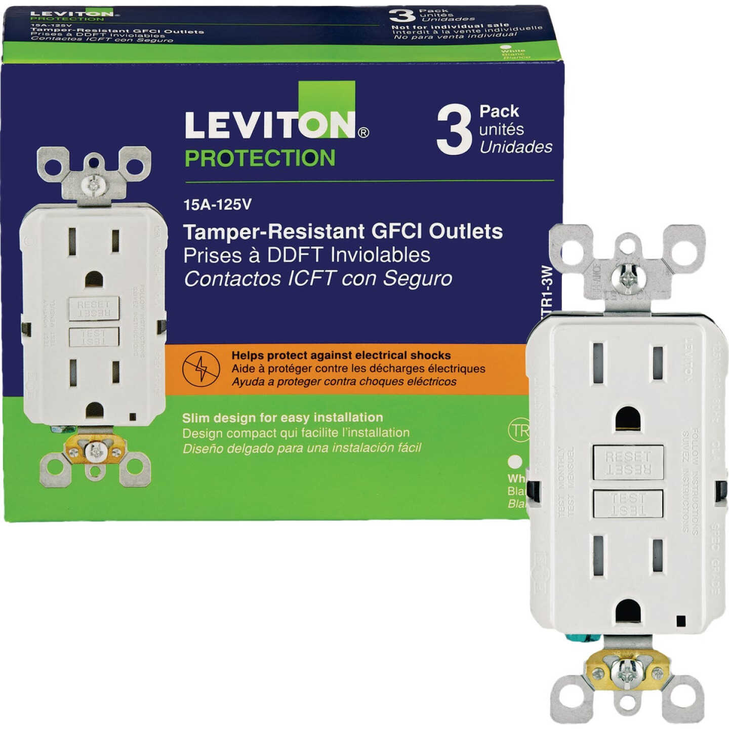 Leviton Self-Test 15A White Tamper-Resistant Slim GFCI Outlet with LED Indicator Light Image 1