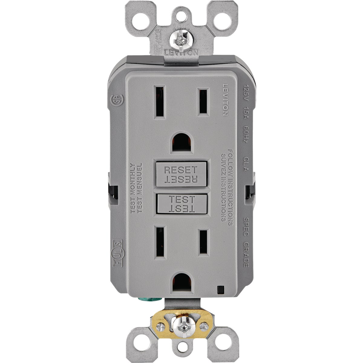 Leviton SmartlockPro 15A Gray Self-Test Slim Duplex GFCI Outlet