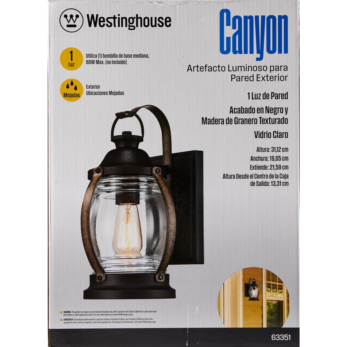Westinghouse Canyon 1-Light Textured Black & Barnyard Finish Outdoor Wall Fixture Image 2