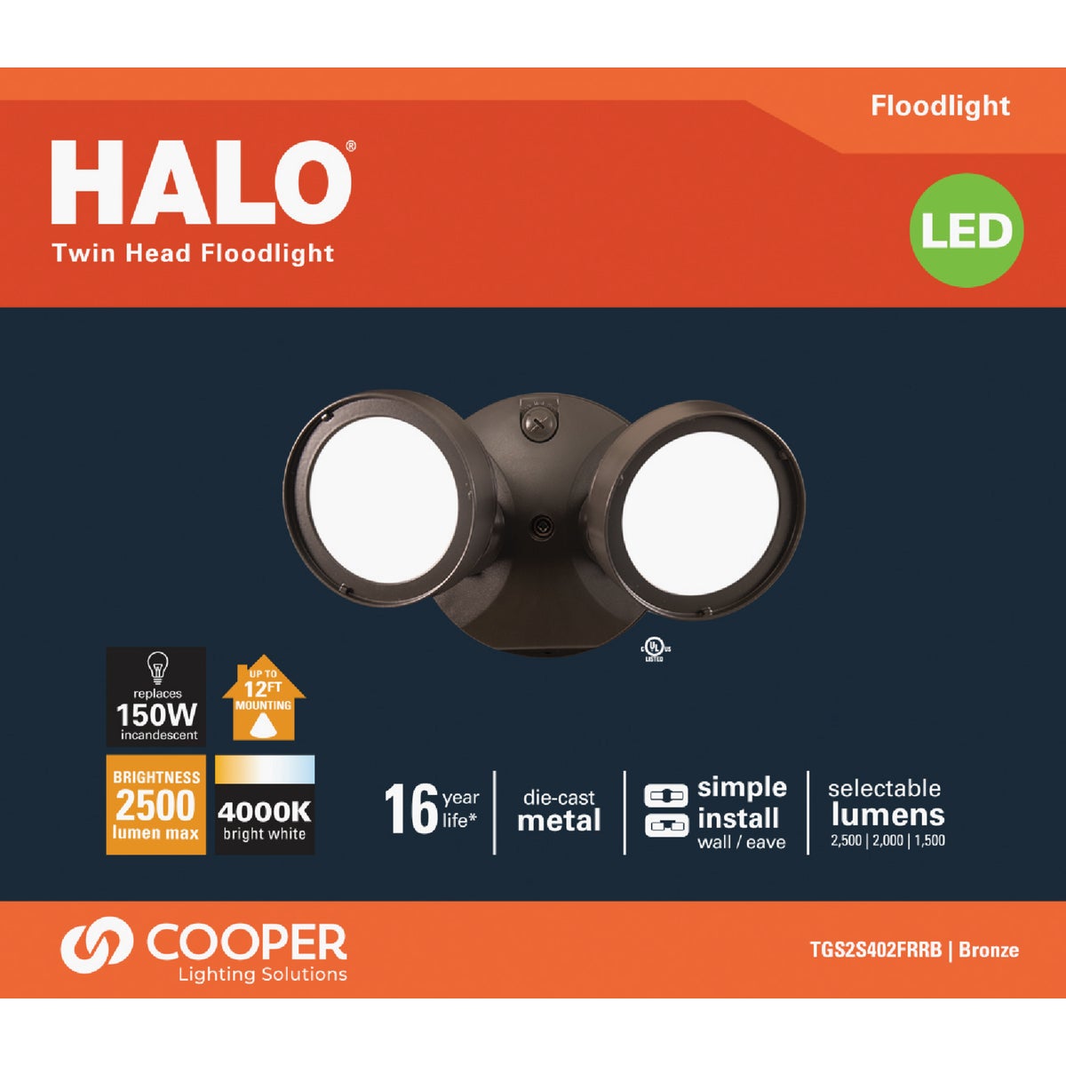 Halo Lumen Selectable Bronze Twin Head LED Floodlight Fixture Image 2
