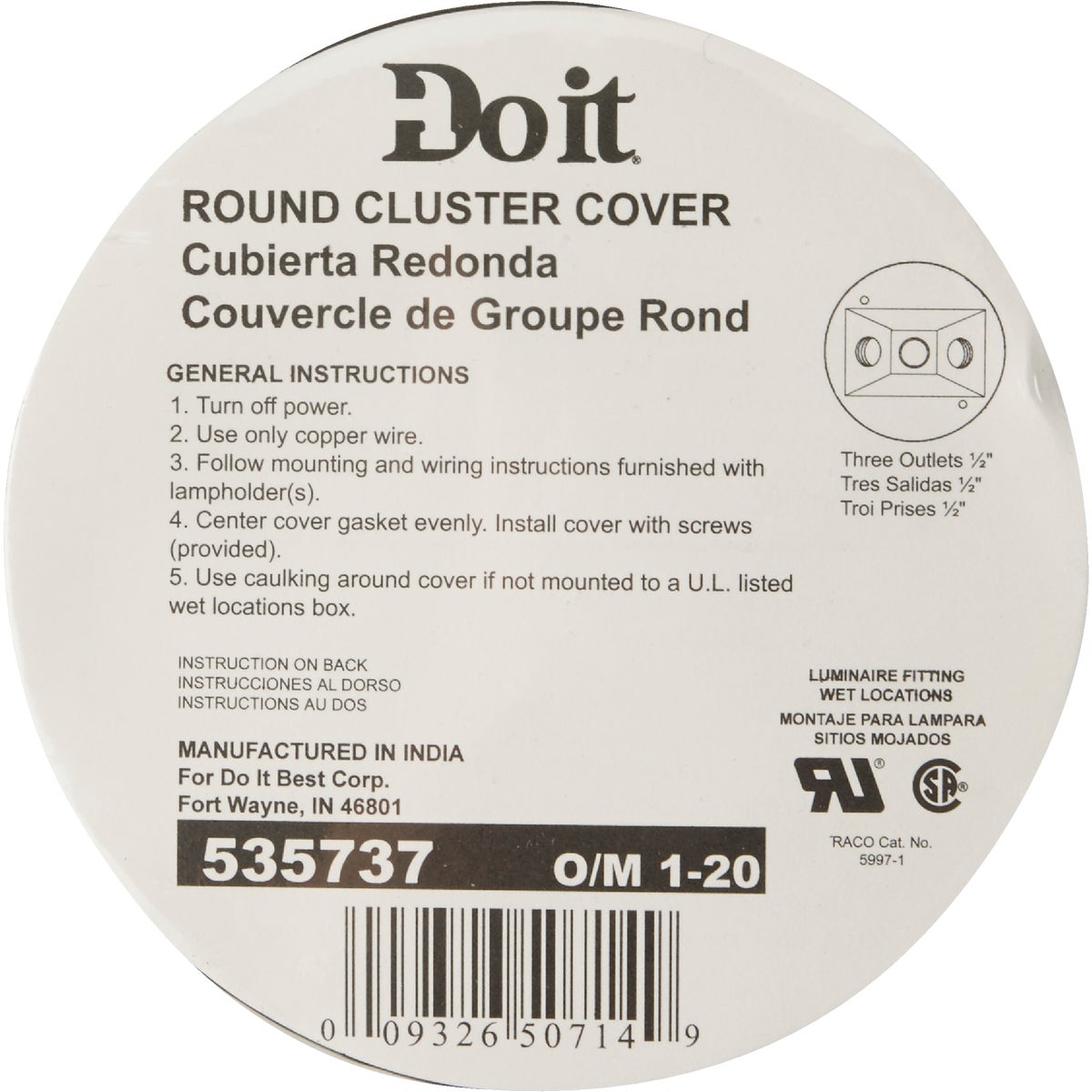Bell 3-Outlet Round Zinc White Cluster Weatherproof Outdoor Box Cover, Shrink Wrapped Image 2