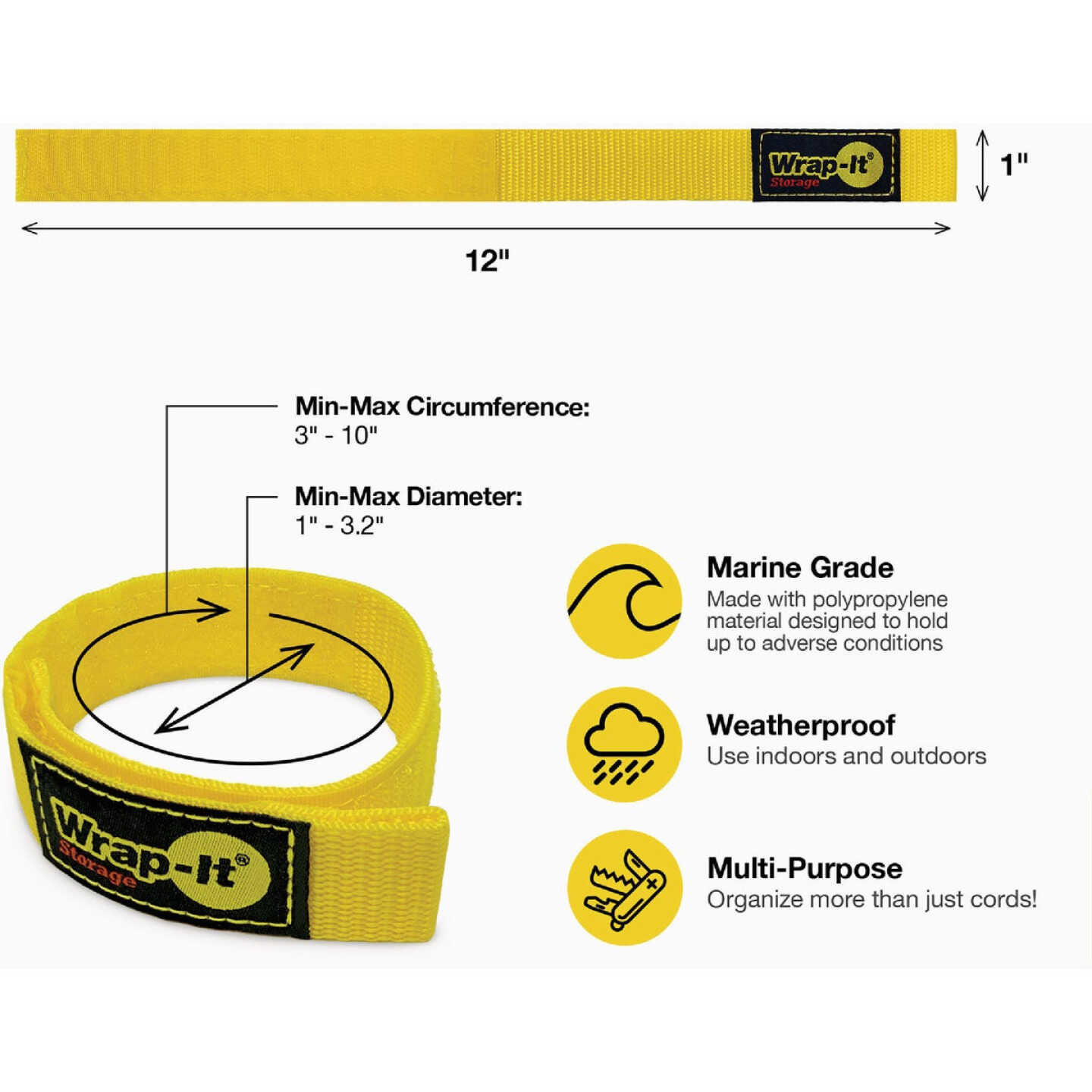 Wrap-It Storage Quick-Straps 12 In. Yellow Weatherproof Hook & Loop Strap (4-Pack) Image 6